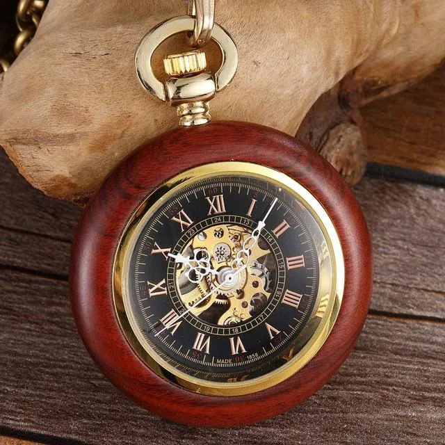 Unisex Vintage Roman Numerals Wood Case Mechanical Pocket Fob Chain Watch