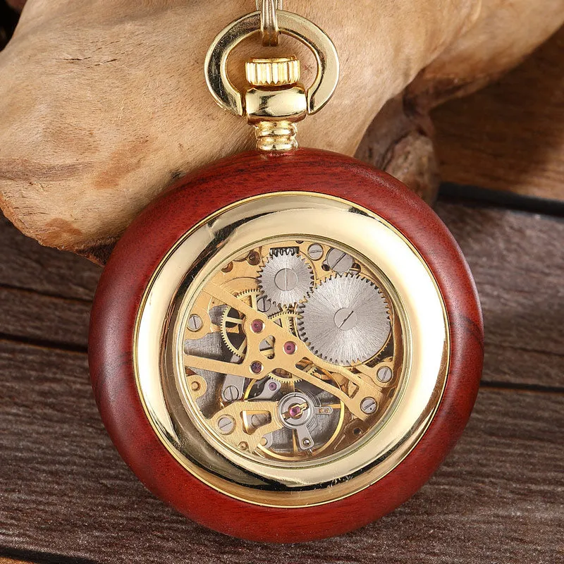 Unisex Vintage Roman Numerals Wood Case Mechanical Pocket Fob Chain Watch