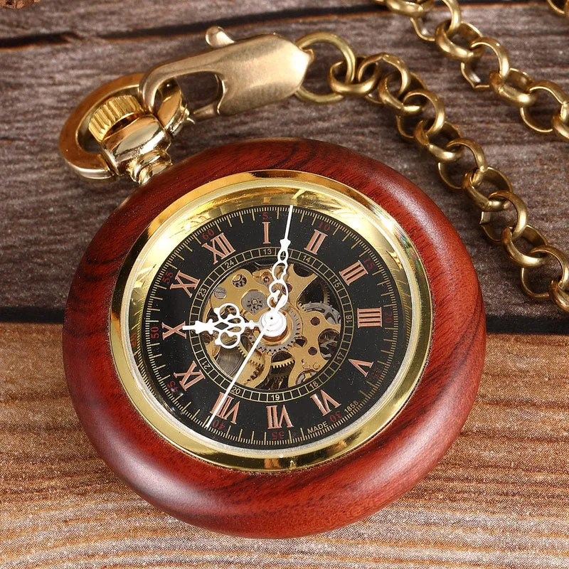 Unisex Vintage Roman Numerals Wood Case Mechanical Pocket Fob Chain Watch