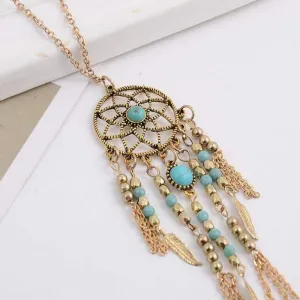 vintage Bohemia blue stone beads chain feather tassel Dream Catcher pendant charm long Necklace women