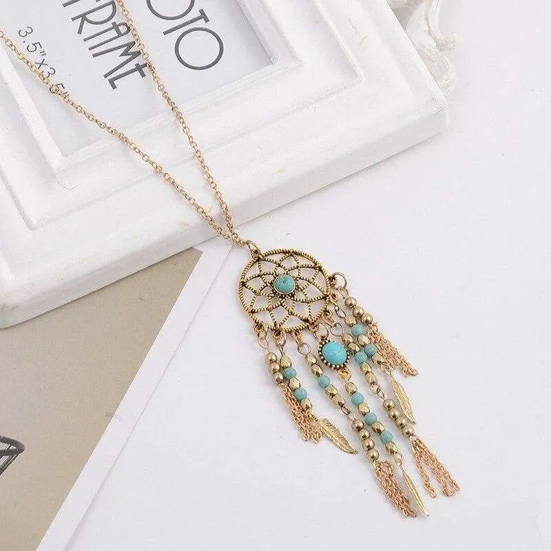 vintage Bohemia blue stone beads chain feather tassel Dream Catcher pendant charm long Necklace women