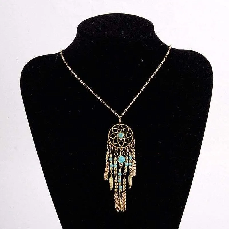 vintage Bohemia blue stone beads chain feather tassel Dream Catcher pendant charm long Necklace women