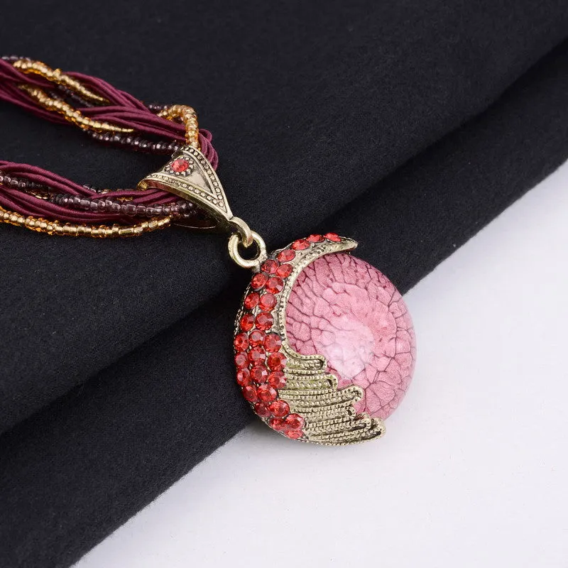 Vintage Boho Reiki Ball Opal Stone Pendant Necklace For Women Rhinestone Rope Lucky Divination Stone Statement Necklace