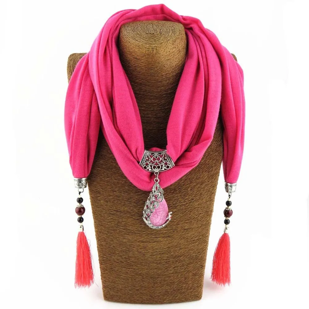 Women Scarf Pendant Necklace Nature Stone Fringe Tassel Scarf Jewelry