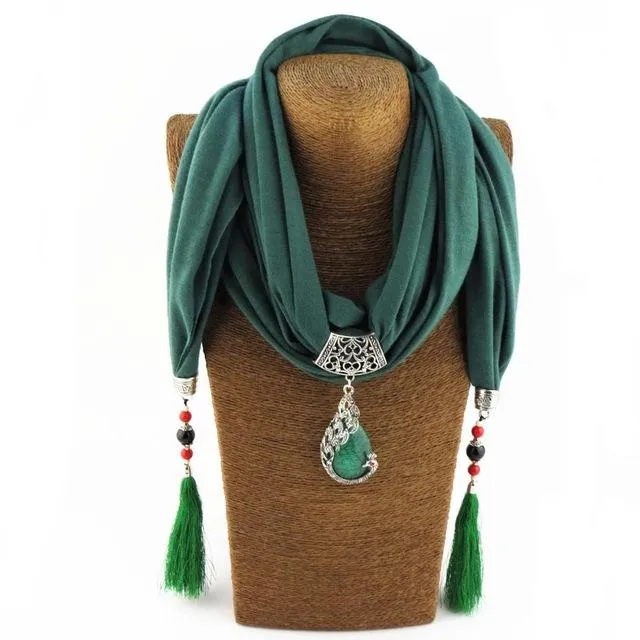 Women Scarf Pendant Necklace Nature Stone Fringe Tassel Scarf Jewelry