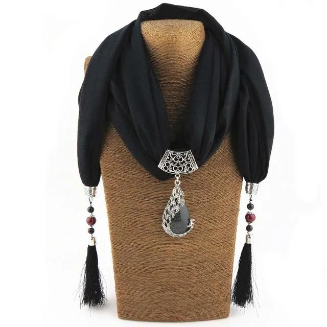 Women Scarf Pendant Necklace Nature Stone Fringe Tassel Scarf Jewelry